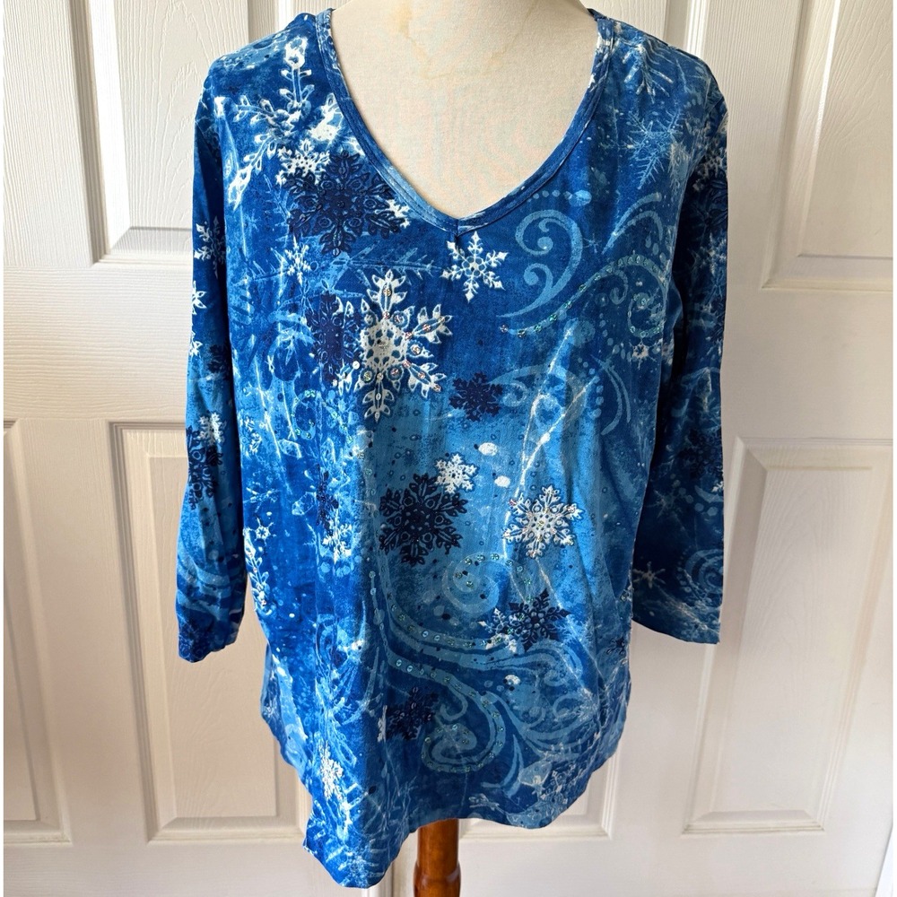Womens XL Blue Snowflake Sequin V-Neck 3/4 Sleeve Knit Top Collections Etc